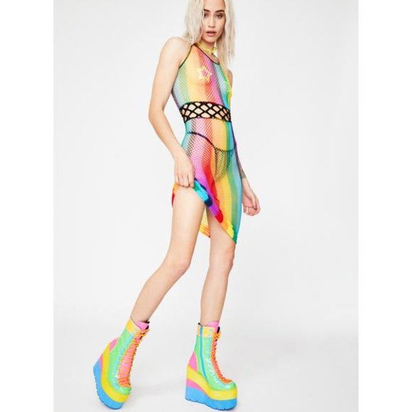 (2PC SET!) Rainbow Fishnet Stretch-Fit Dress W/Bag - Picture 3 of 7